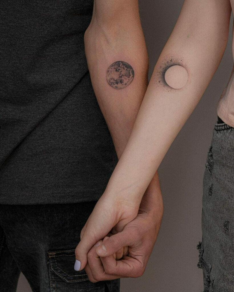 12+ Minimalist Couple Tattoo Ideas To Inspire You! 15 Sun, Earth, And Moon Couple Tattoo Design