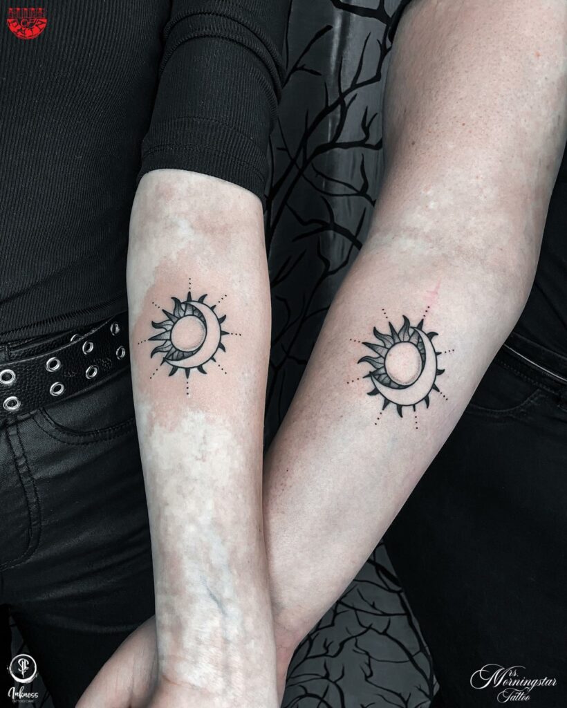 10+ Matching Sun And Moon Tattoo Ideas That Will Blow Your Mind! 13 Sun x Crescent Moon Tattoo