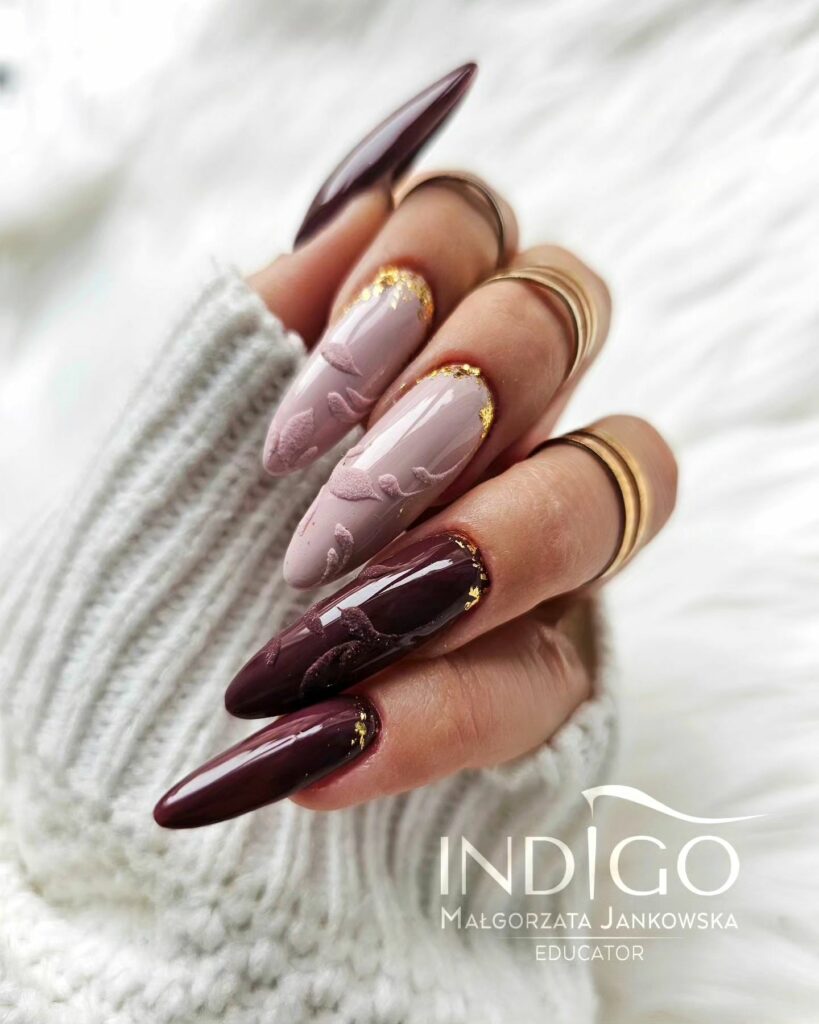 25 Latest Burgundy And Gold Nail Ideas To Try In 2024! 26 Sweater Patterned Burgundy Nails with Gold Accents