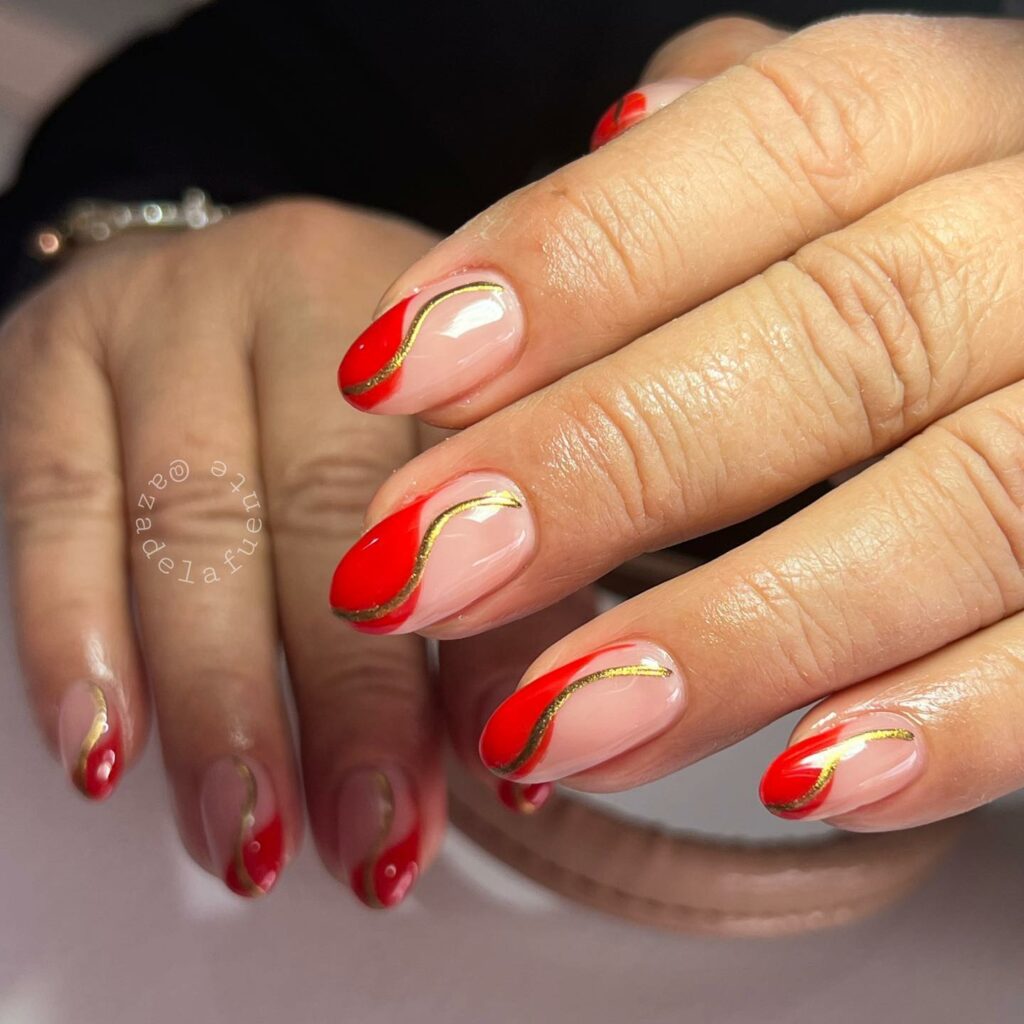 34 Latest Red and Gold Nail Designs To Try In 2024! 24 Elegant Swirls on Red and Gold Nails