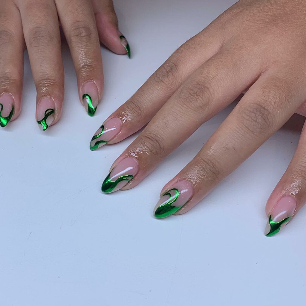 20 Chrome French Manicures to Try in 2024 38 Swirly Green Chrome French Nails