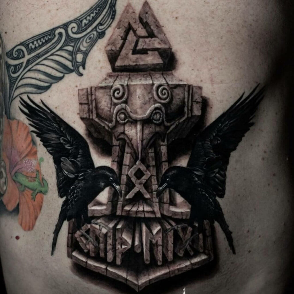 10+ Hugin And Munin Tattoo Ideas That Will Blow Your Mind! 19 Tattoo Combining Mjolnir And Huginn And Munnin