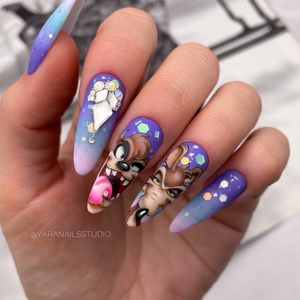 50 Latest Disney Nails Ideas To Try In 2024! 36 Taz and Coyote Disney Nails with Rhinestones