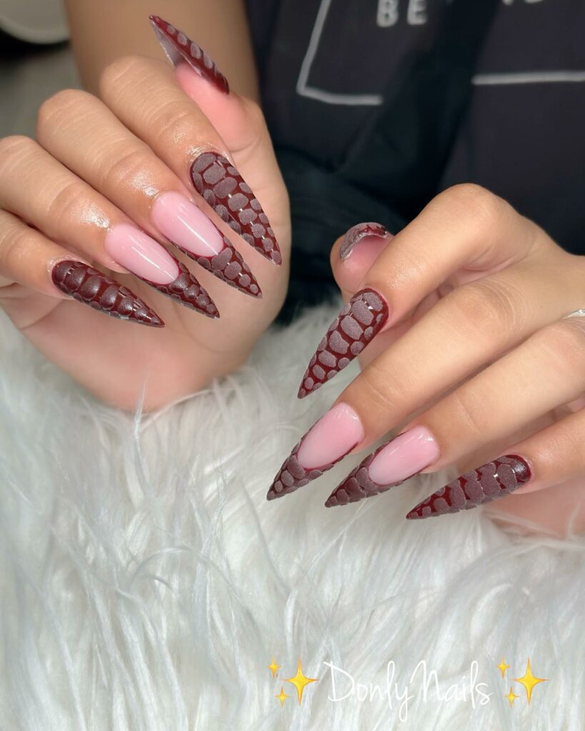 27 Latest Maroon Nail Designs To Try In 2024! 16 Textured Stiletto Maroon Nails
