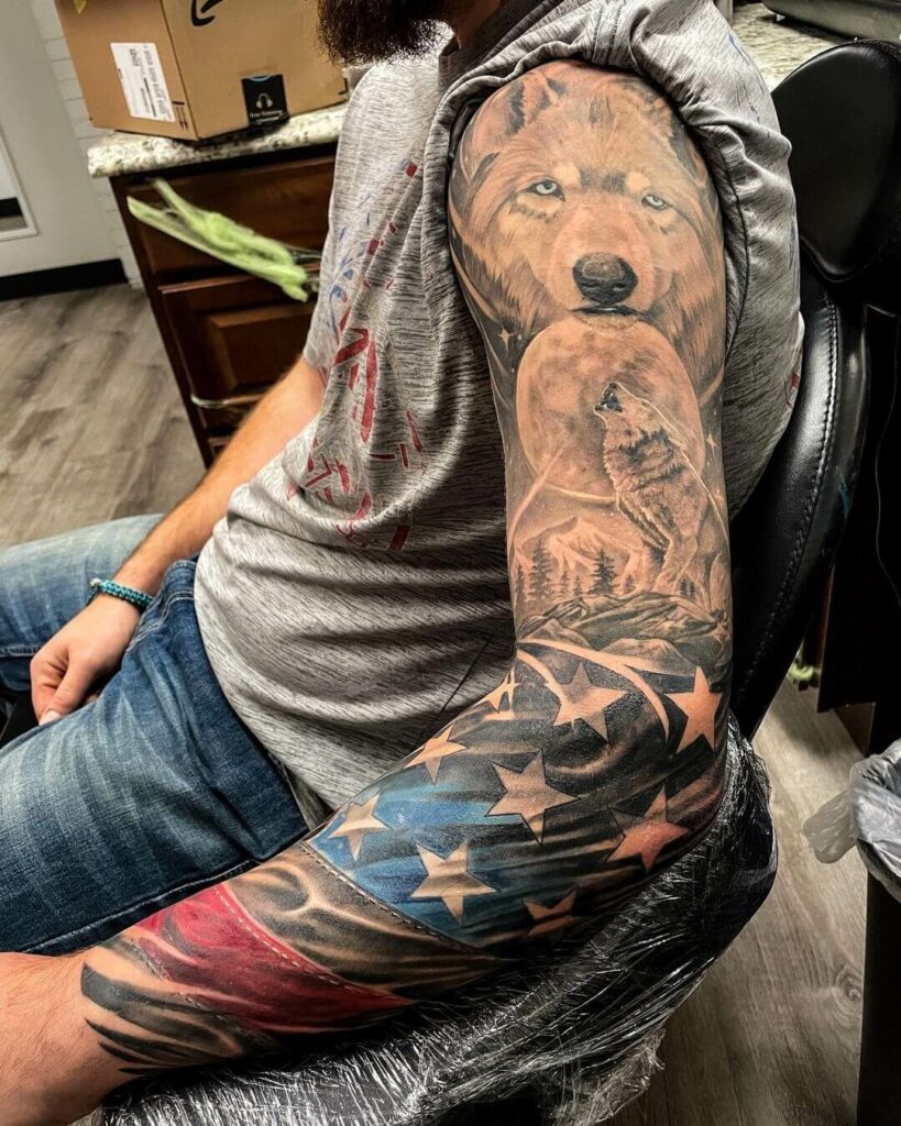 12+ American Flag Sleeve Tattoo Ideas To Inspire You! 19 The American Wolf