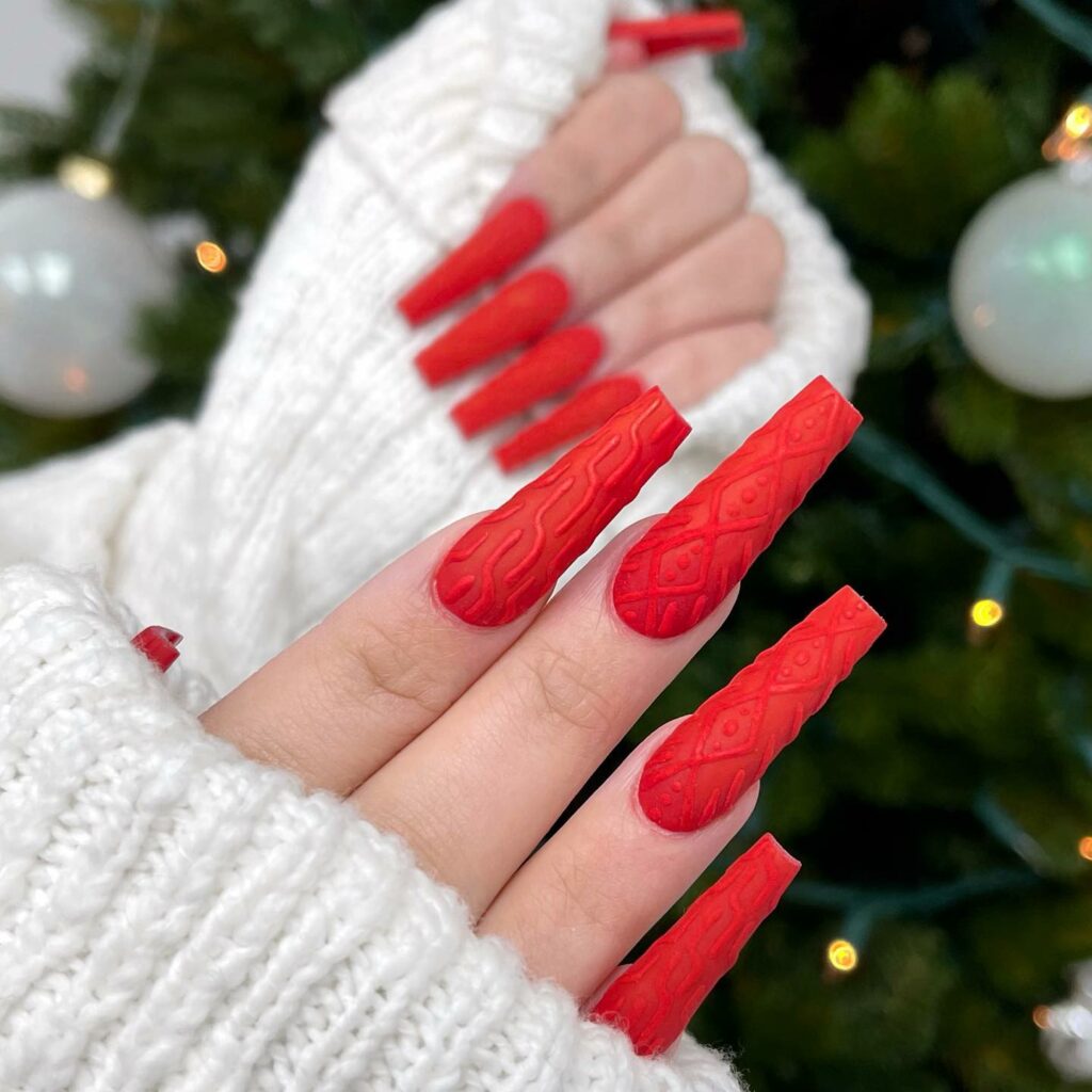 Go Bold with 40 Red Coffin Nail Designs in 2024 16 The Art of Textured Nail Brilliance