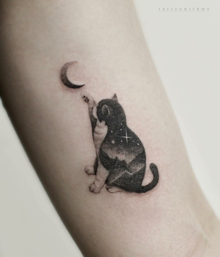 11+ Minimalist Small Cat Tattoo Ideas That Will Blow Your Mind! 11 The Black Cat Tattoo With The Moon