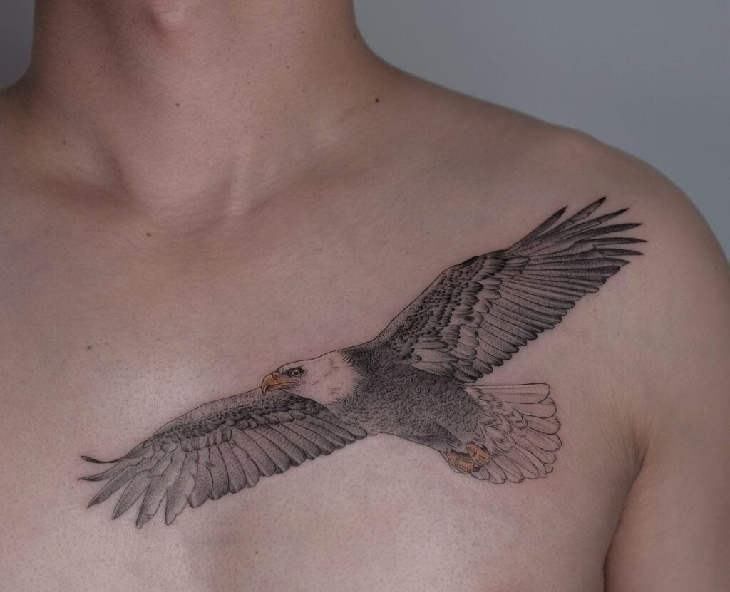 11+ American Traditional Eagle Tattoo Ideas That Will Blow Your Mind! 19 The Flying Eagle Chest Tattoo