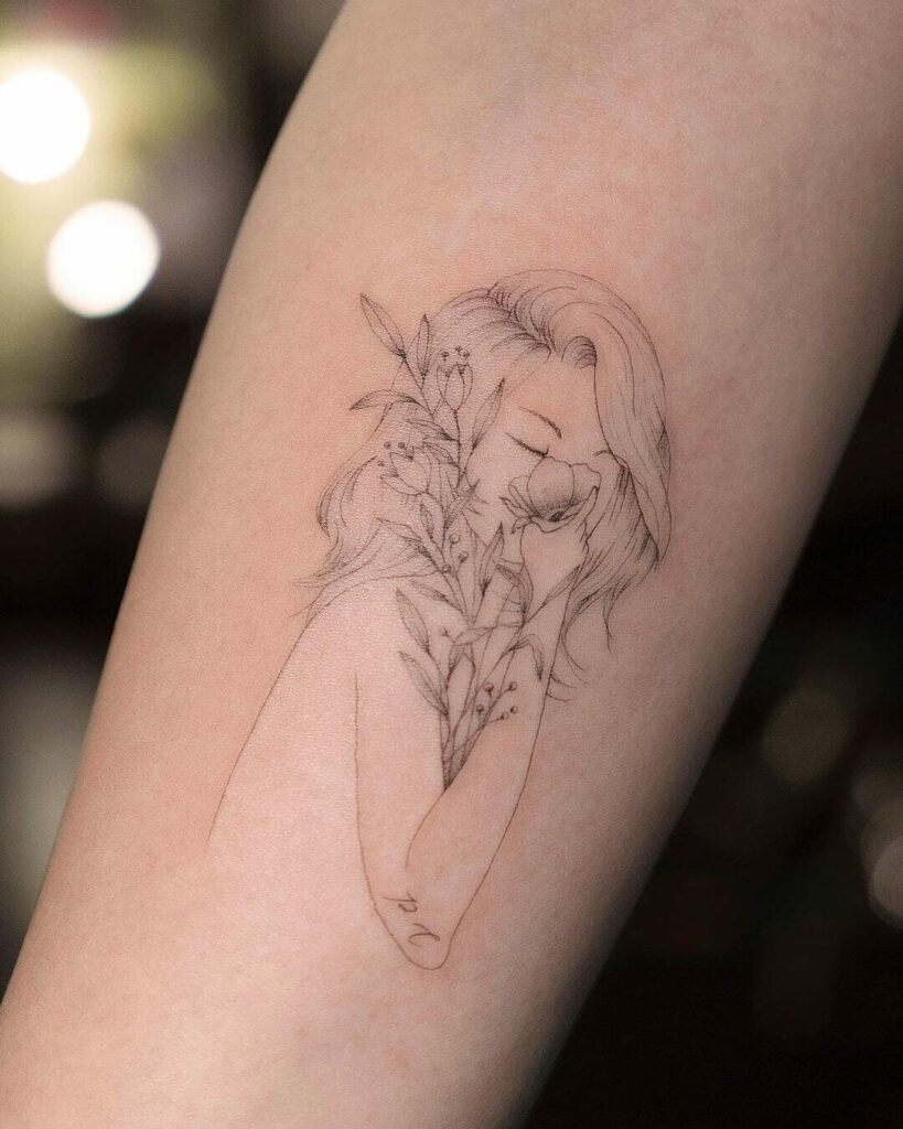 12+ Minimal Tattoo Sleeve Ideas To Inspire You! 14 The Girl and Flowers Minimalist Tattoo