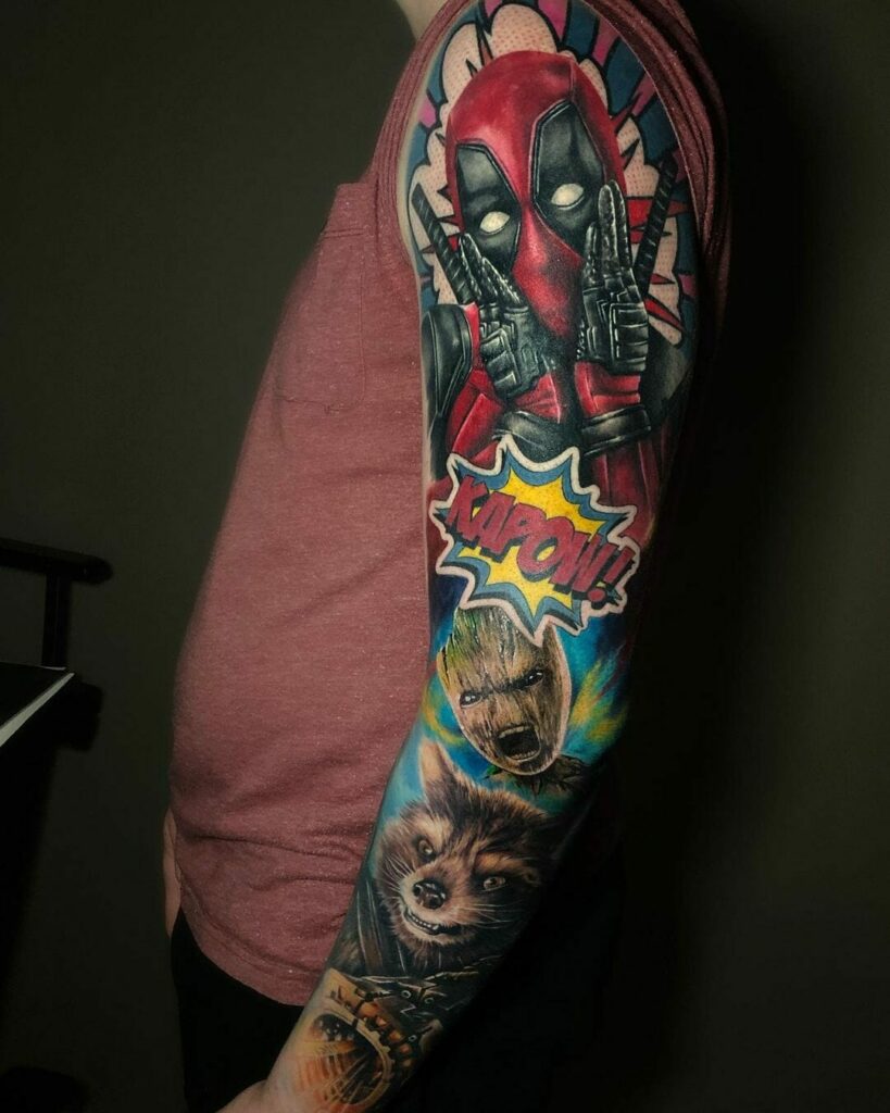11+ Deadpool Tattoo Ideas You'll Have To See To Believe! 14 The Guardians Of The Galaxy And Deadpool Tattoo Sleeve