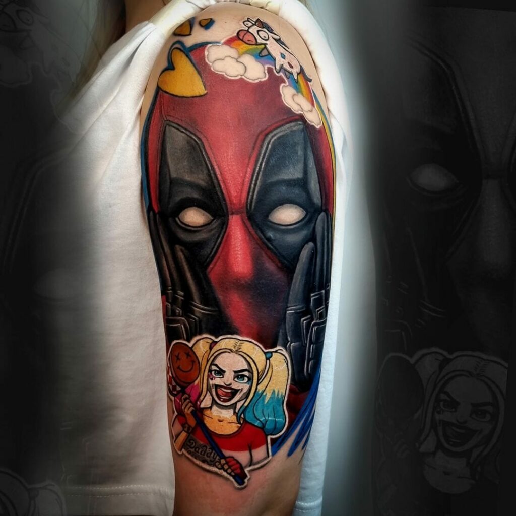 11+ Deadpool Tattoo Ideas You'll Have To See To Believe! 19 The Harley Quinn And Deadpool Tattoos For Anarchists