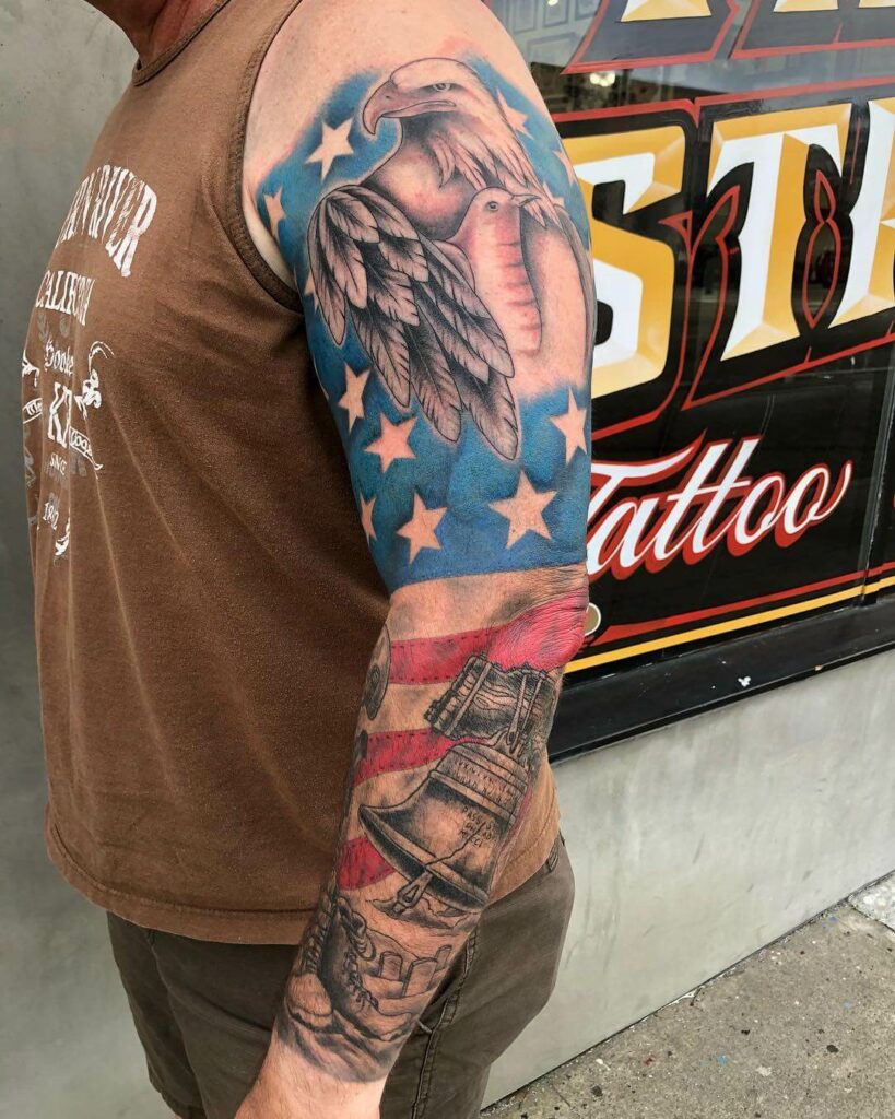 12+ American Flag Sleeve Tattoo Ideas To Inspire You! 17 The Liberty Bell Tattoo