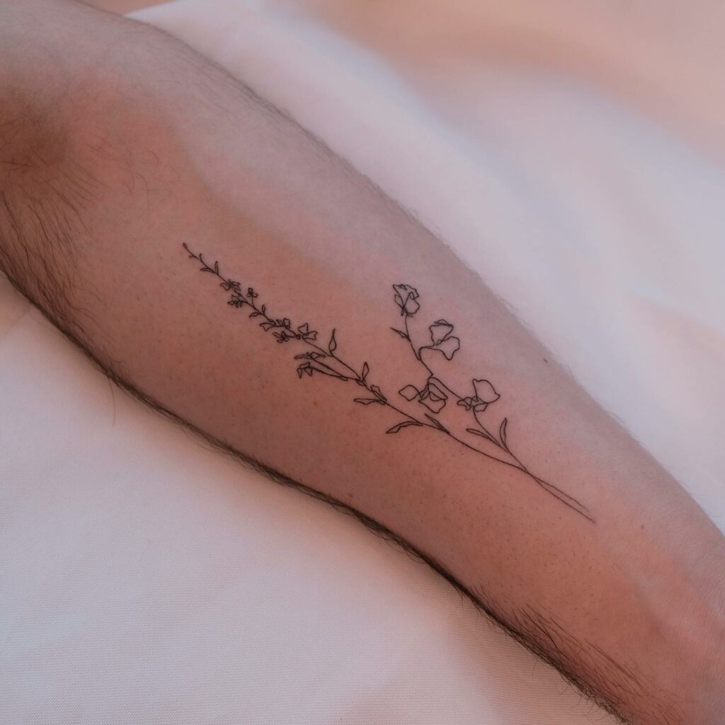 10+ Flower Forearm Tattoo Ideas That Will Blow Your Mind! 13 The Minimalist Sweet pea flower tattoo with Larkspur Flower