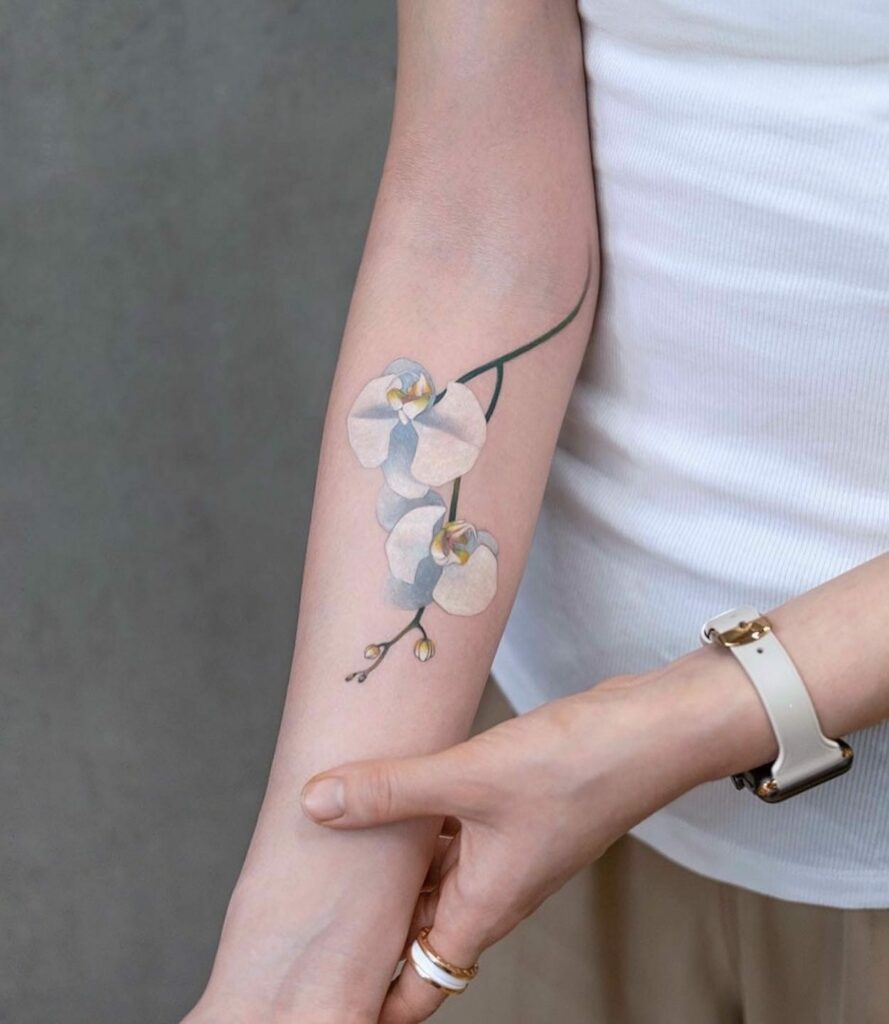 10+ Flower Forearm Tattoo Ideas That Will Blow Your Mind! 16 The Minimally Colored Dahlia Tattoo