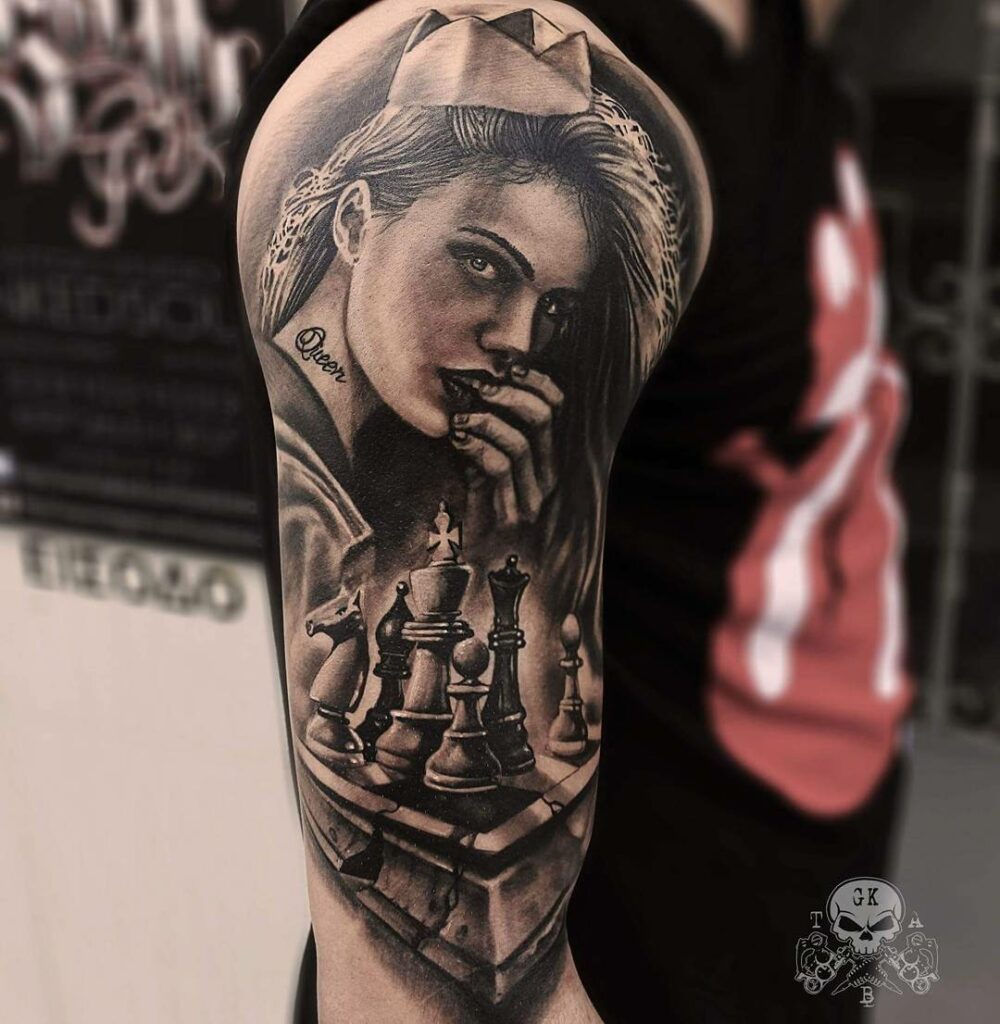 11+ Chess Board Tattoo Ideas That Will Blow Your Mind! 18 The Realistic Queen piece Tattoo