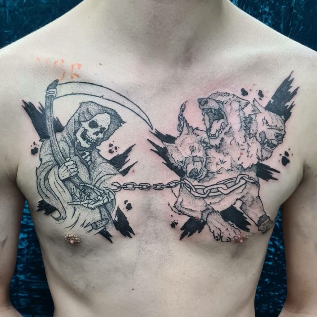 11+ Grim Reaper Chest Tattoo Ideas That Will Blow Your Mind! 13 The Reaper And The Cerberus