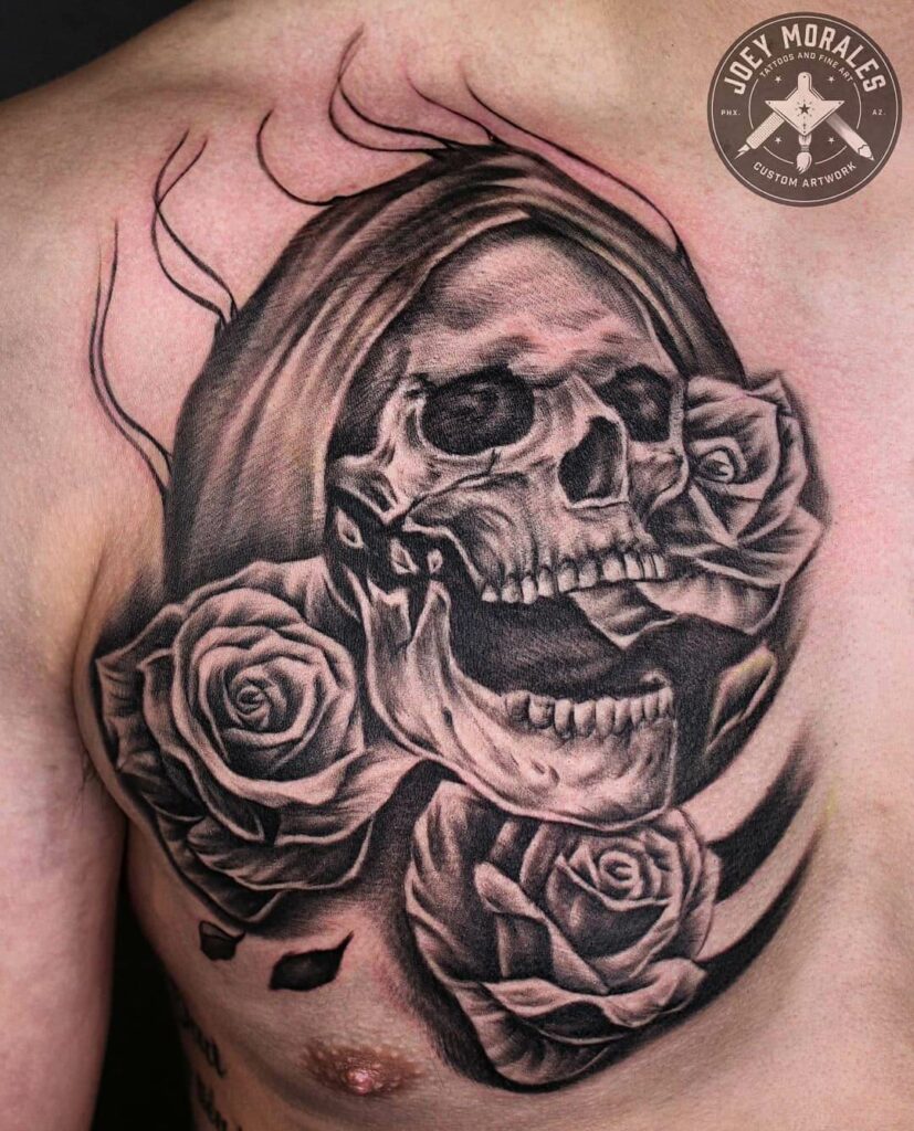 11+ Grim Reaper Chest Tattoo Ideas That Will Blow Your Mind! 19 The Reaper And The Rose