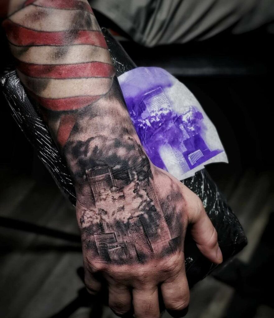 12+ American Flag Sleeve Tattoo Ideas To Inspire You! 15 The Twin Tower Flag