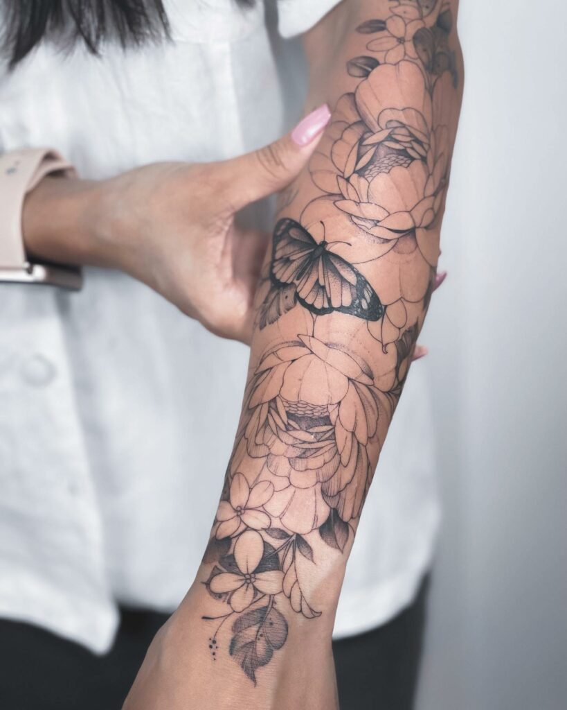 13+ Butterfly Tattoo Arm Ideas To Inspire You! 19 Tiny Butterfly With Flowers Tattoo