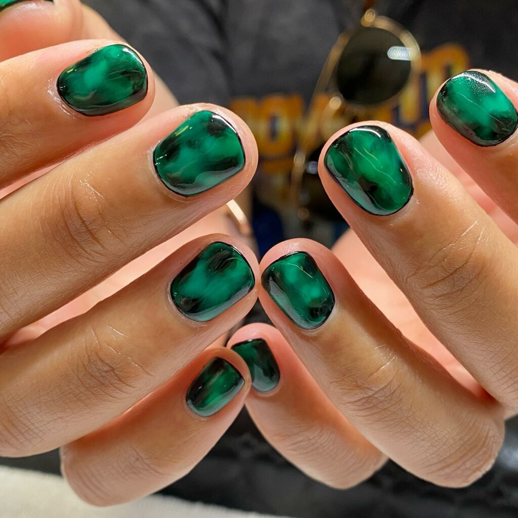 40 Latest Dark Green Nail Ideas To Try In 2024! 15 Tortoiseshell Dark Green Nail