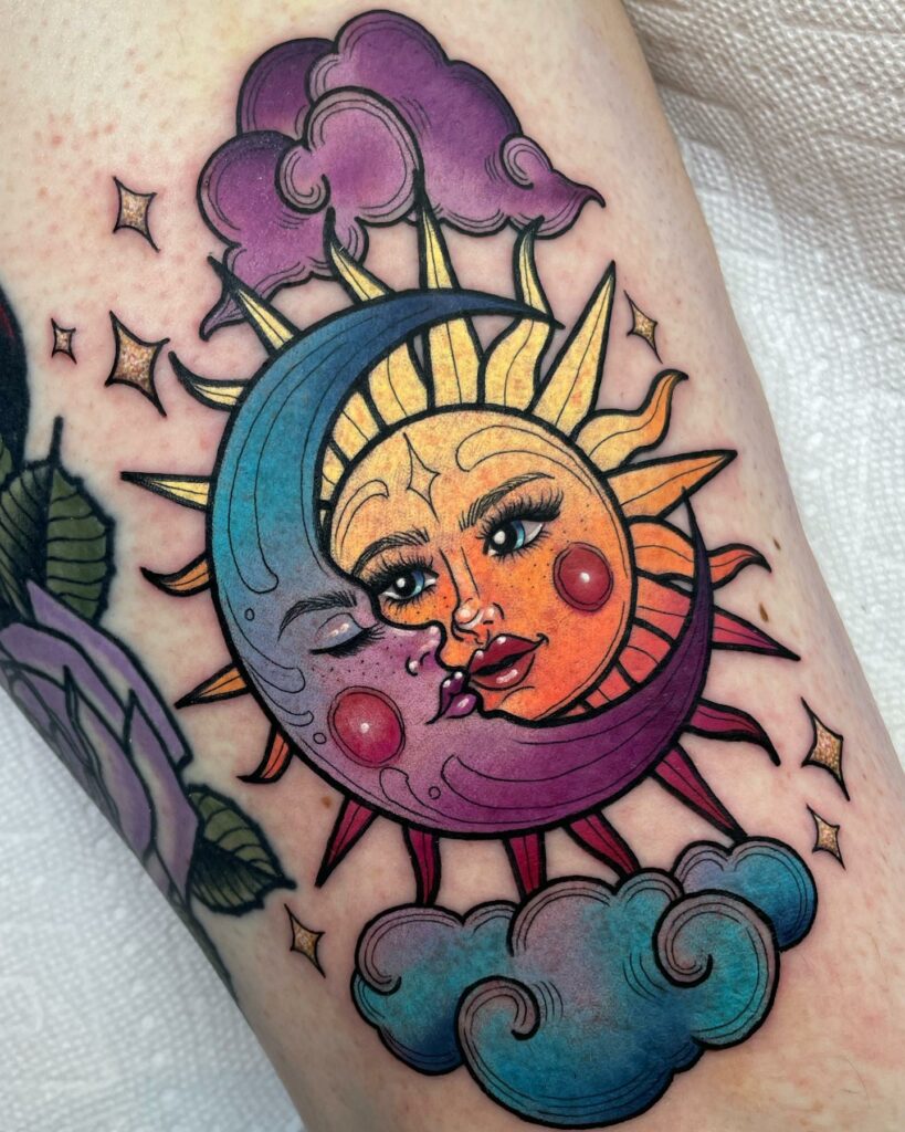11+ Meaningful Moon And Stars Tattoo Ideas That Will Blow Your Mind! 13 Traditional Blood Moon And Sun Tattoo