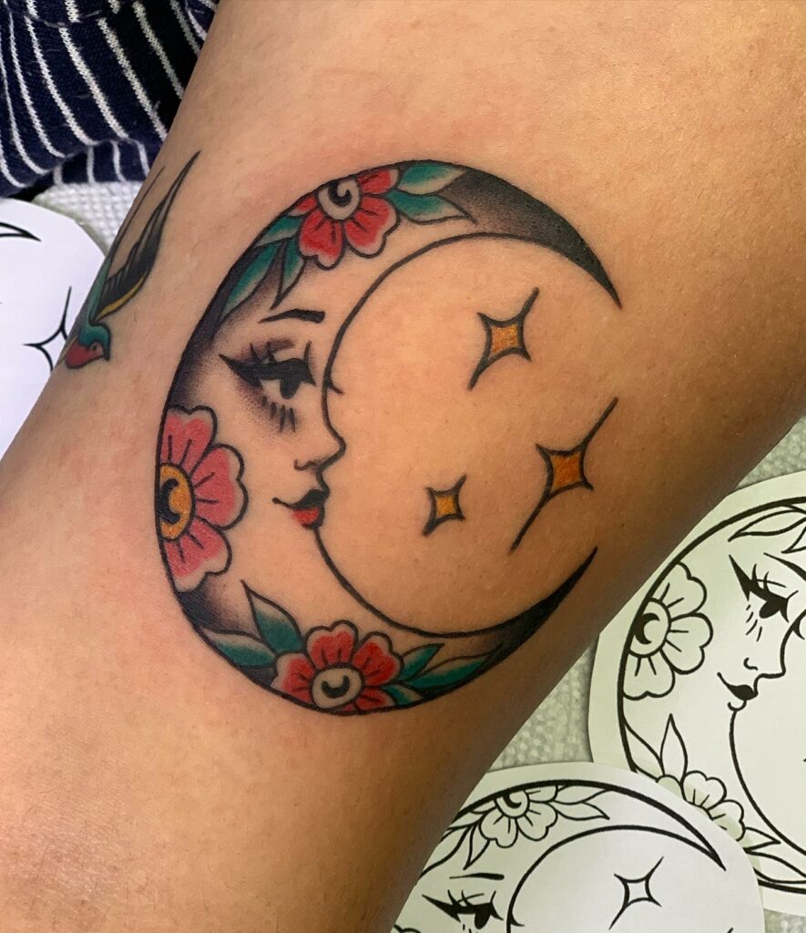 11+ Meaningful Moon And Stars Tattoo Ideas That Will Blow Your Mind! 20 Traditional Crescent Moon Tattoo Design With Floral Additions