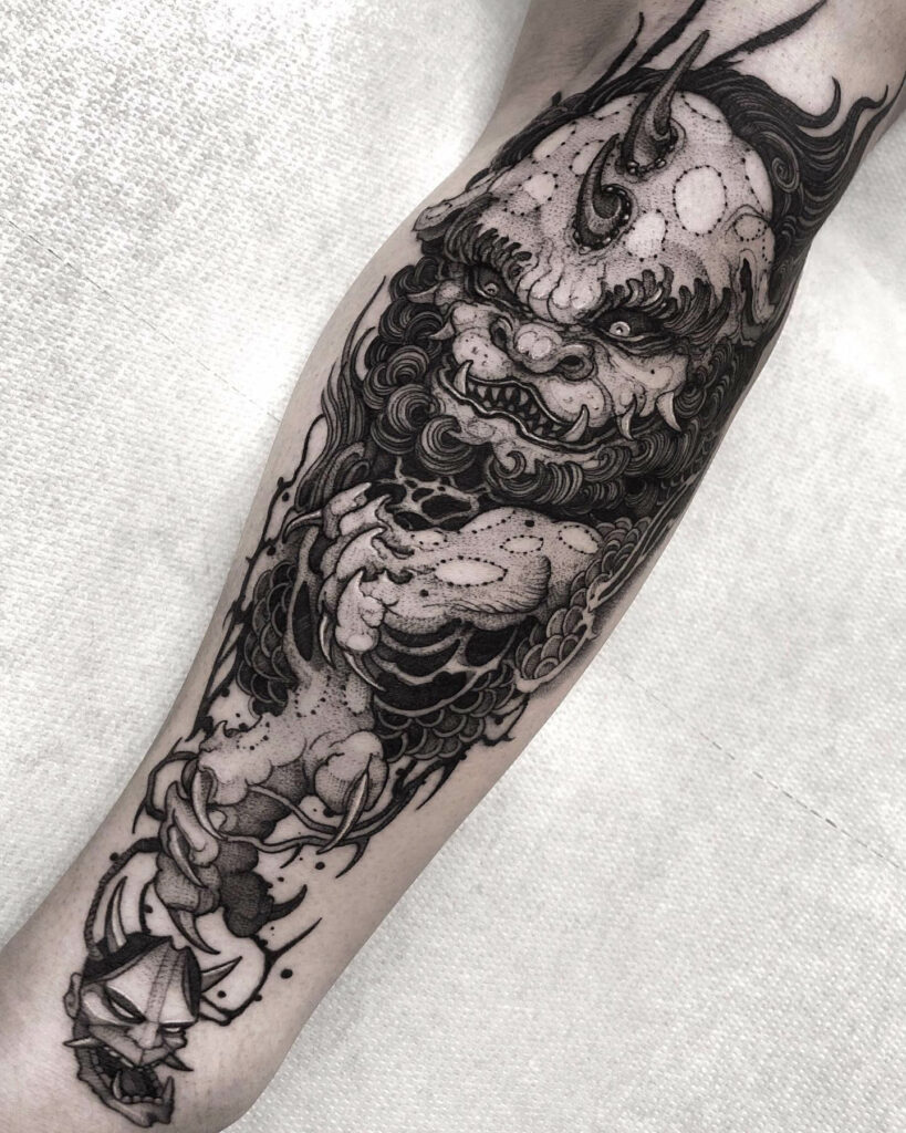 11+ Traditional Foo Dog Tattoo Ideas That Will Blow Your Mind! 11 Traditional Japanese Foo Dog Tattoo On Sleeve