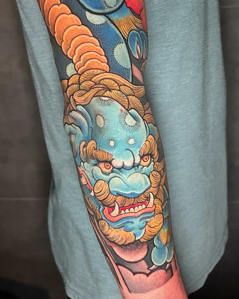 11+ Traditional Foo Dog Tattoo Ideas That Will Blow Your Mind! 12 Traditional Japanese Foo Dog Tattoo On Sleeve ideas
