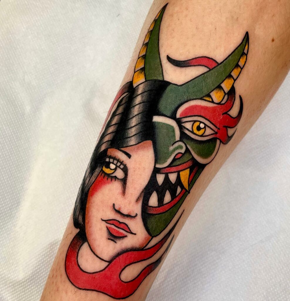 10+ Traditional Lady Head Tattoo That Will Blow Your Mind! 19 Traditional Lady Devil Face Tattoo