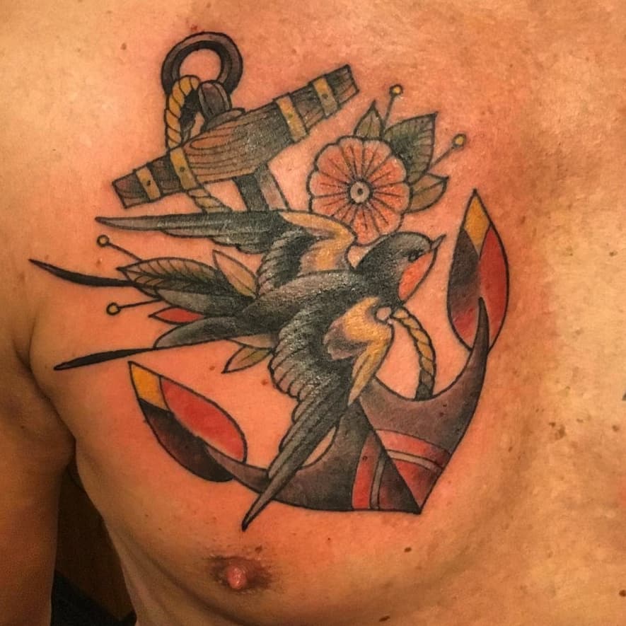 10+ Anchor Chest Tattoo Ideas That Will Blow Your Mind! 13 Traditional Swallow Chest Tattoo Anchor