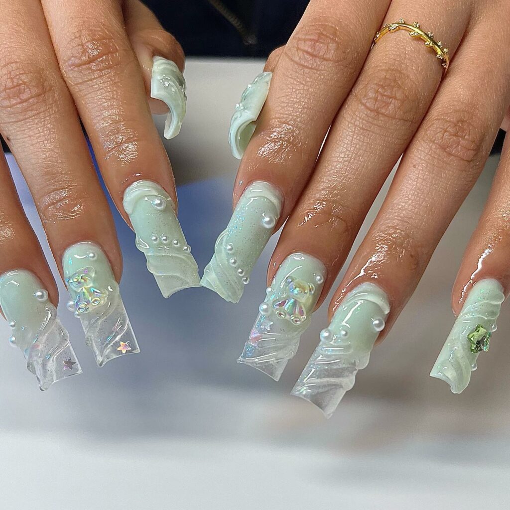 30 Latest Mint Green Nail Ideas To Try Today! 40 Oceanic Mint Green Nails with Translucent Waves