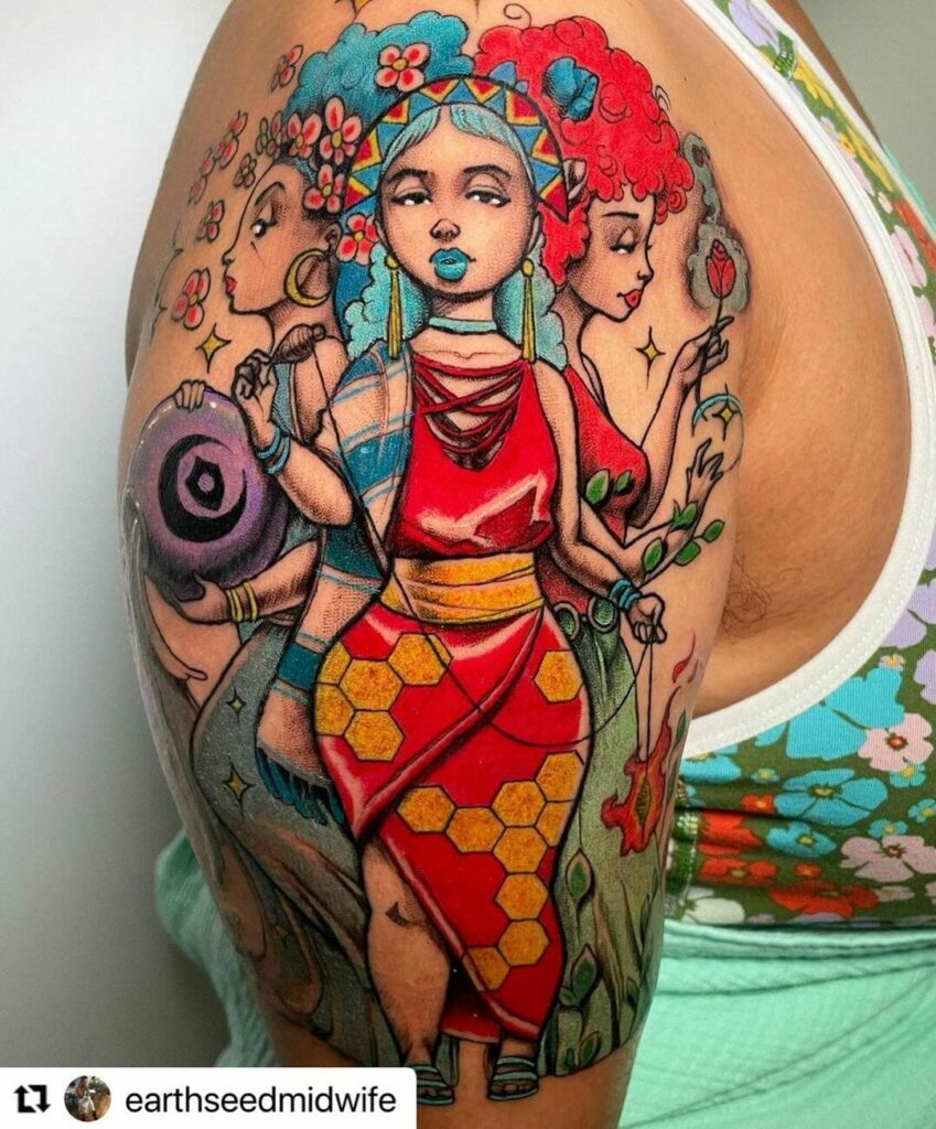 11+ Brown Skin Tattoo Ideas That Will Blow Your Mind! 19 Triple Goddess Coloured Tattoo For Brown Skin