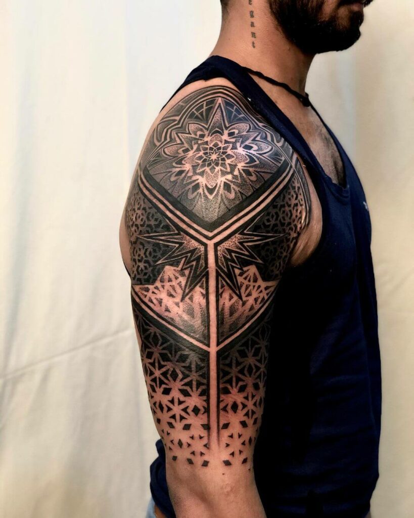 12+ Geometric Half Sleeve Tattoo Ideas To Inspire You! 16 Upper Arm Geometric Half Sleeve Tattoo