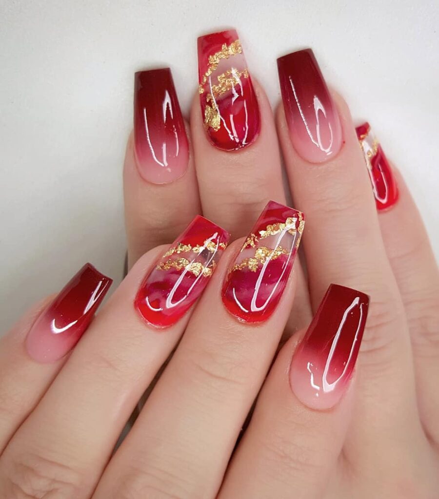Go Bold with 40 Red Coffin Nail Designs in 2024 10 Romantic Valentines Red and Gold Nails