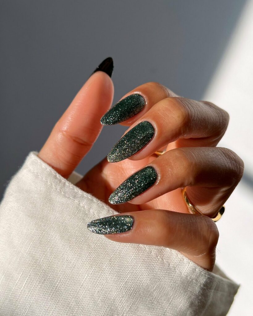 Feel the Nature with 31 Forest Green Nail Designs in 2024 12 Sparkling Glitter Over Forest Green Nails