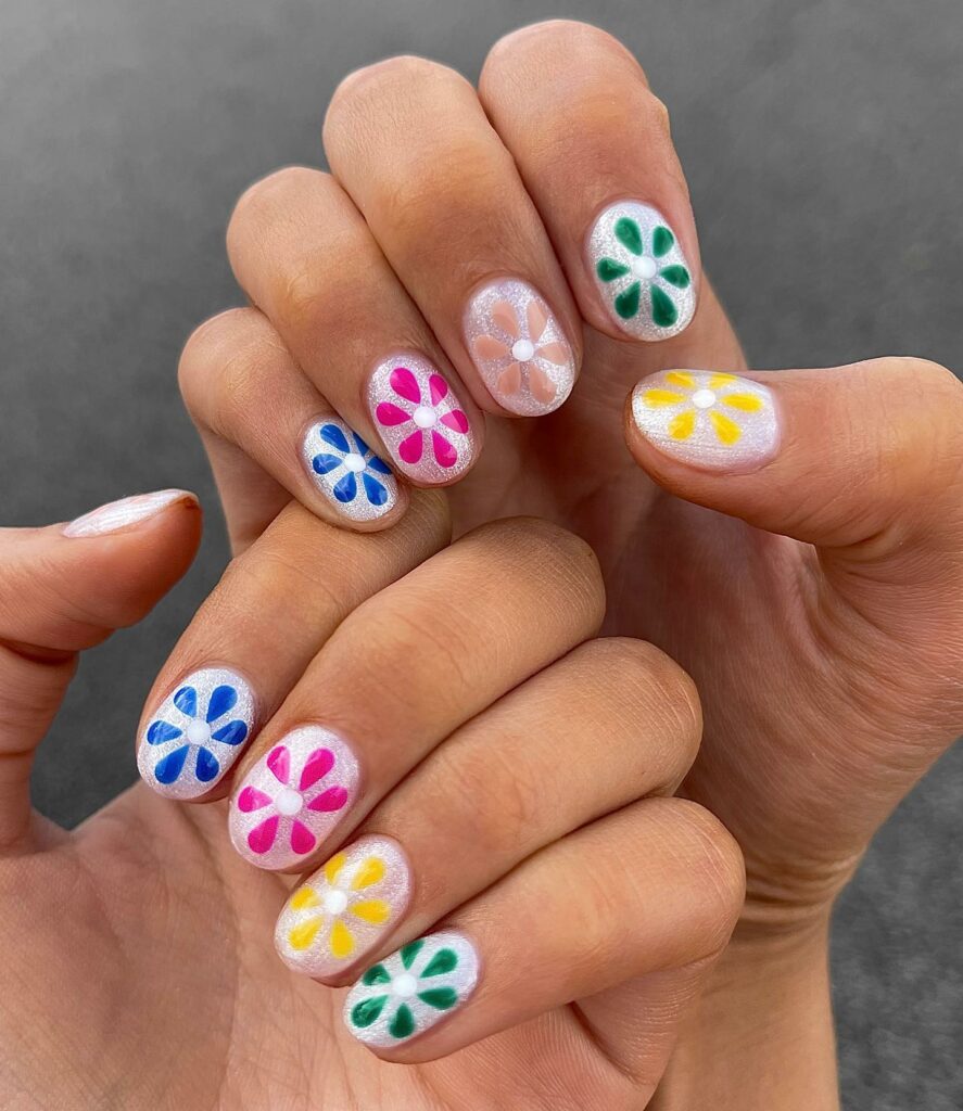 30 Latest Round Nail Designs To Try In 2024! 16 Vibrant Floral Palette Round Nails