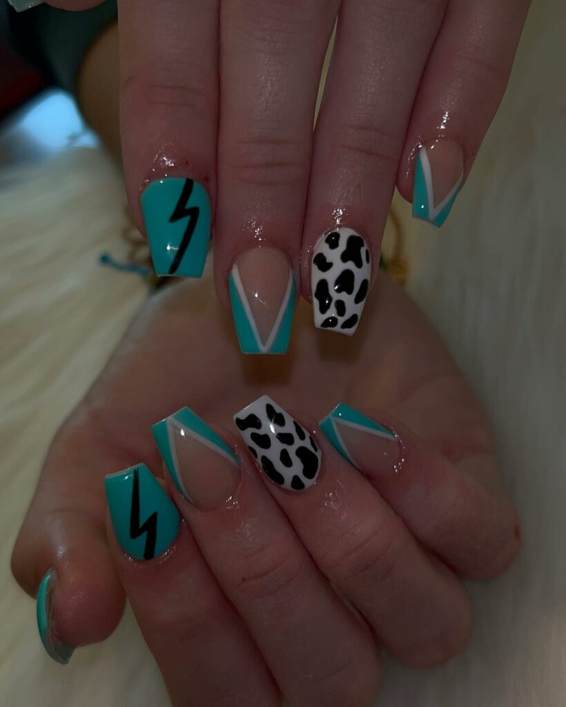 Trendy Short Coffin Nail Designs to Inspire You in 2024 ⚰️ 32 Vibrant Fusion Turquoise Geometric Meets Monochrome Spots