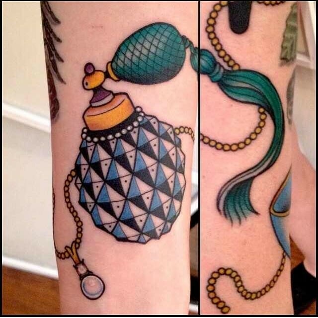 11+ Perfume Tattoo Ideas That Will Blow Your Mind! 16 Vintage Style Perfume Tattoo With Using Tracing Paper