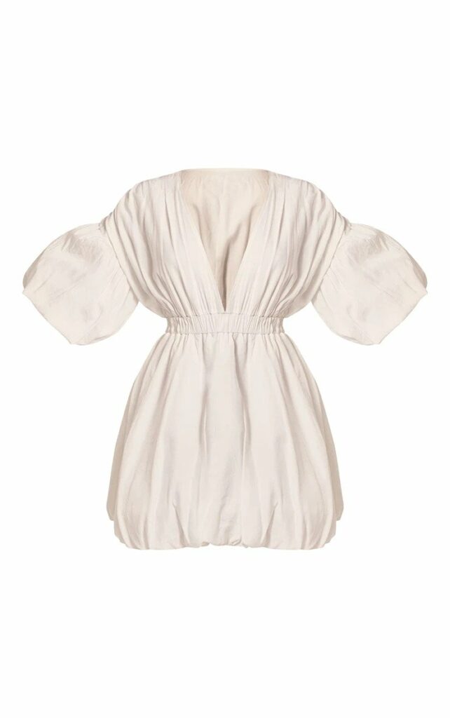 WHITE PUFF SLEEVE PUFFBALL HEM SHIFT DRESS