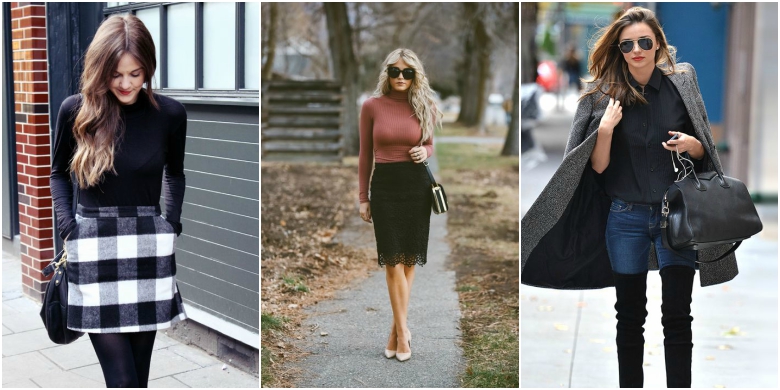 What to Wear to a Baby Shower 22 Checked mini skirt with black long sleeve top, lace pencil skirt with pink long sleeve top, jeans with shirt and long grey coat