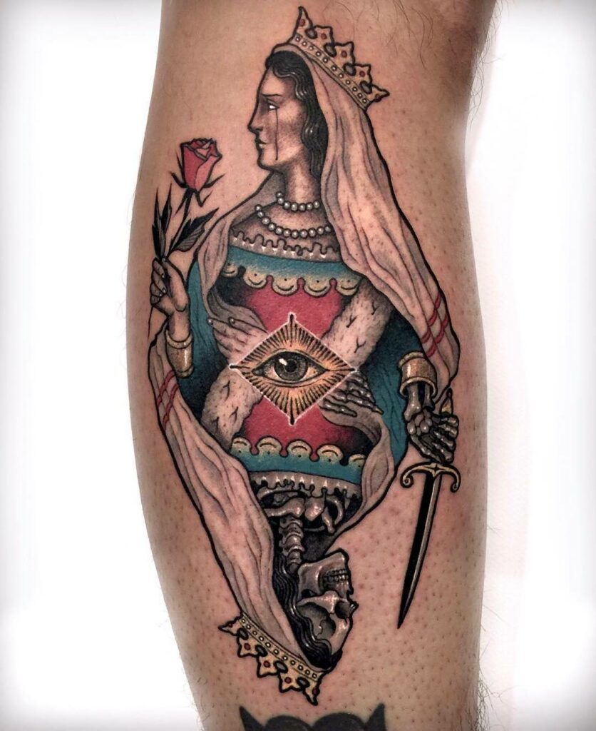 11+ Playing Cards Tattoo Ideas To Inspire You! 18 Watercolour Skull And Queen Playing Card Tattoo