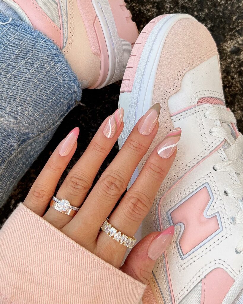 30 Latest Pink And White Nail Ideas To Try In 2024! 13 Waves and Whirls in Salmon Pink
