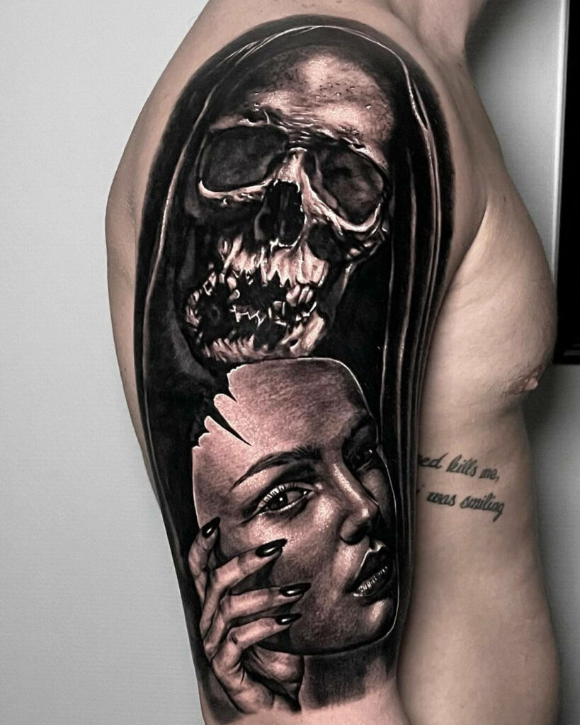 10+ Dark Skull Tattoo Ideas That Will Blow Your Mind! 18 What Lies Beneath The Mask Tattoo