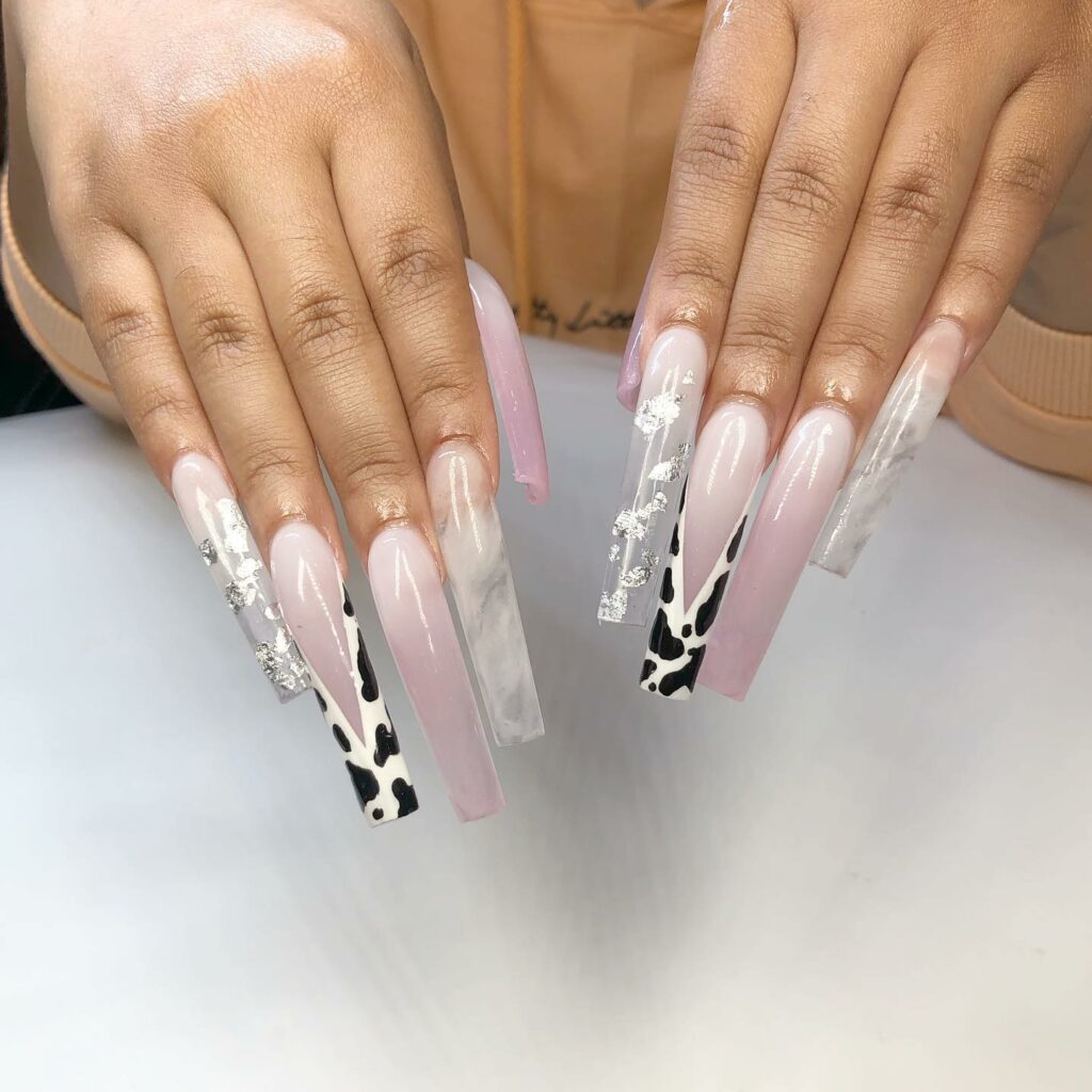 29 Latest Long Square Acrylic Nail Designs To Try In 2024! 34 Pastel Pink Nails with Monochrome and Crystal Embeds