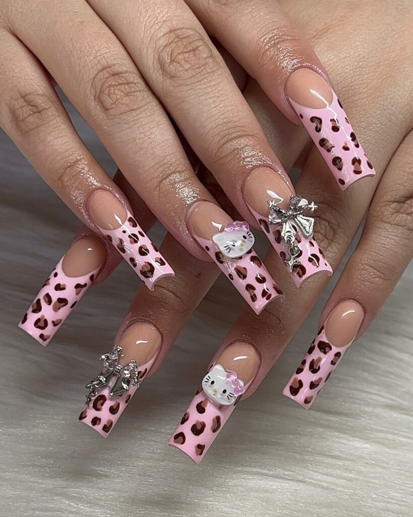 Try 50 Coffin French Tip Nail Designs in 2024 41 Whimsical Pink Leopard Print with Kitten Charms