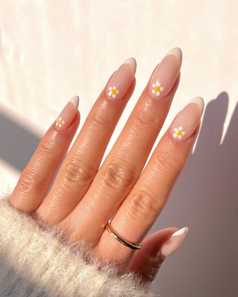23 Latest Nude French Nail Designs To Try In 2024! 23 White Flower Design