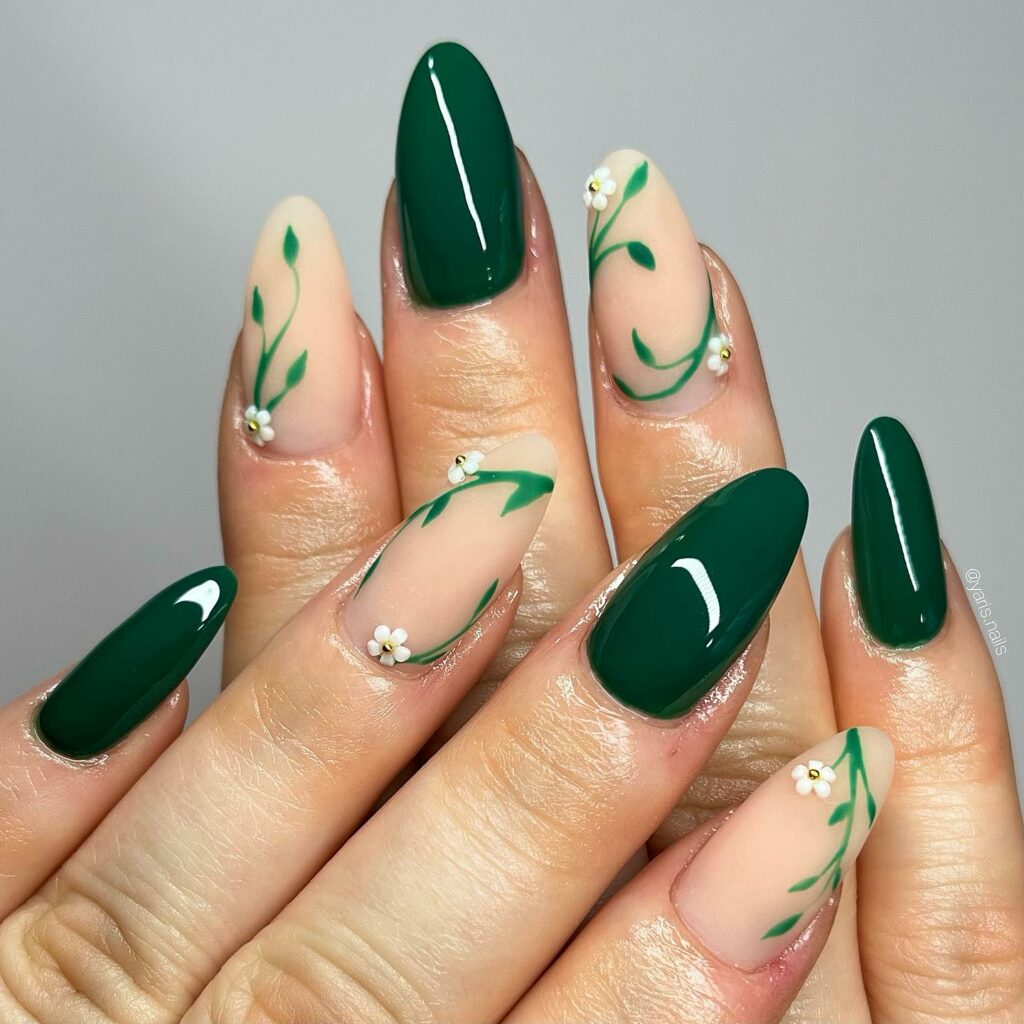 Feel the Nature with 31 Forest Green Nail Designs in 2024 36 Floral-Accented Forest Green Nails