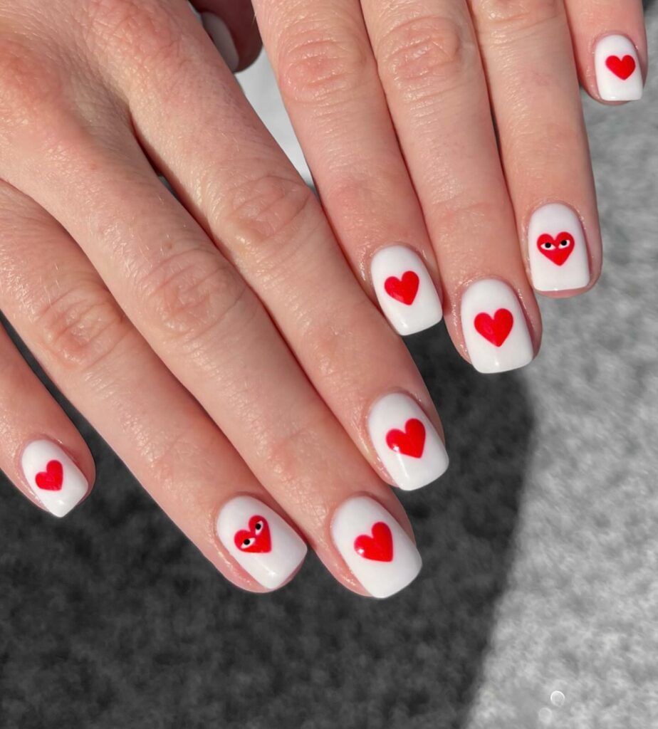 44 Latest White Nail Ideas To Try In 2024! 47 White Nails with Playful Red Hearts