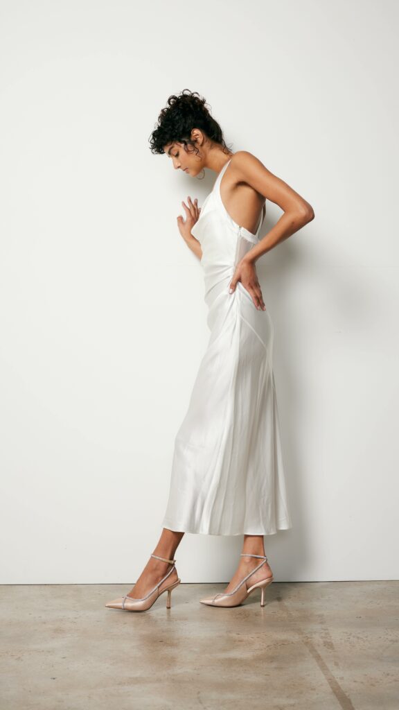 What to Wear to a White Party 13 White Satin Midi Dress & Ankle Wrap Heels