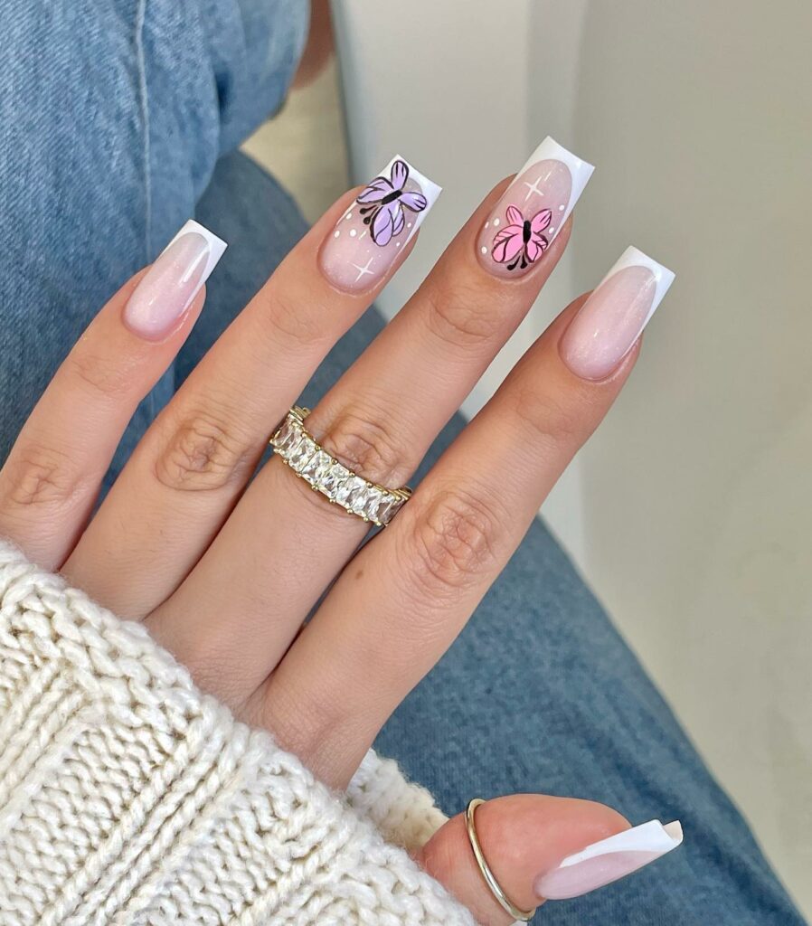 23 Latest Nude French Nail Designs To Try In 2024! 17 White Tips with Butterflies